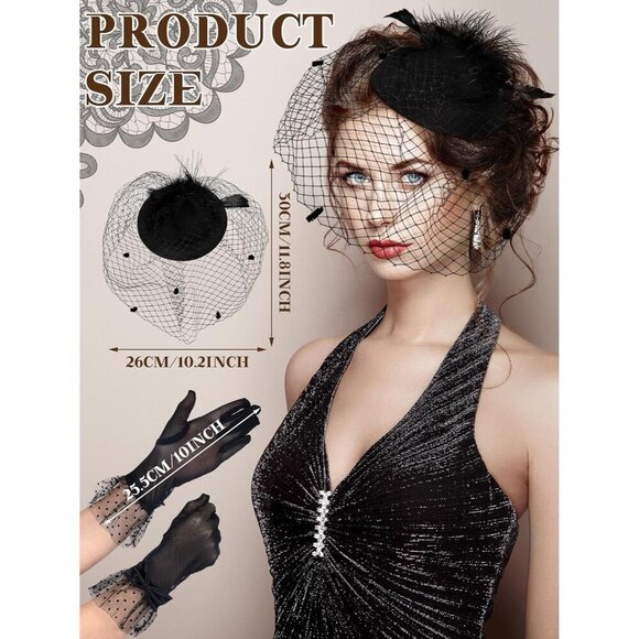 Women’s 50s Fascinators Feather Pillbox Hat Lace Gloves for Weddings Parties